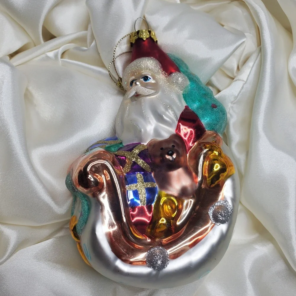 Vintage Hand Blown Mercury Glass Santa‎ Sleigh Christmas Ornament Hand Painted